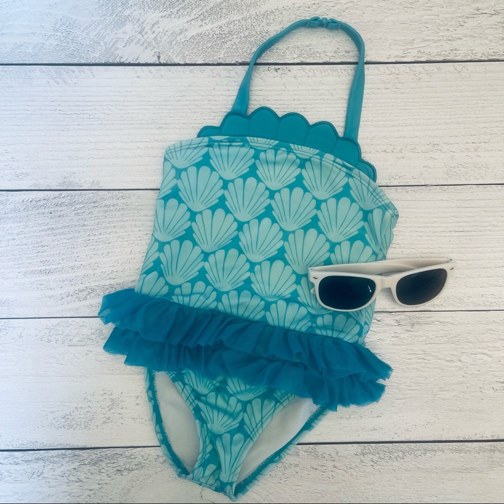 Gymboree Girls Teal Shell Fabric One Piece Tutu Swimsuit Size 3T